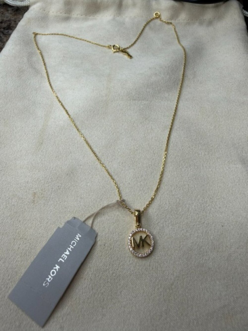 New! Michael Kors 14K Gold Plated Pave CZ Logo Starter Necklace